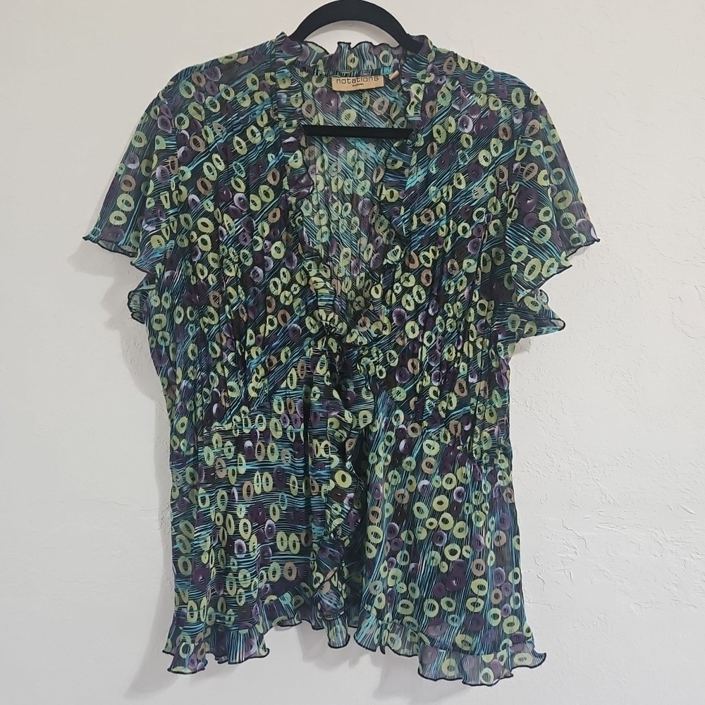 Vtg Notations Open Front Tie blouse Size 2x Abstract Sheer Layering Ruffles
